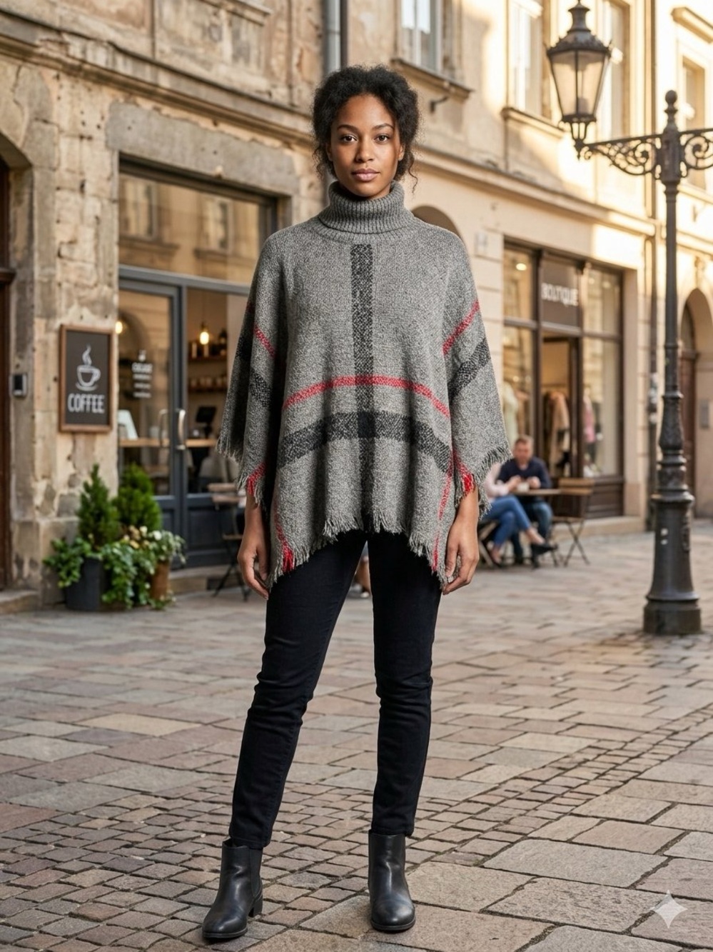 Grey Turtleneck Plaid Poncho with Red Accent